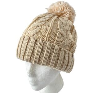 Layer 8 Knit Beanie Cap Pom Pom Hat Fleece Lining Cream Cable Knit Outdoor Snow